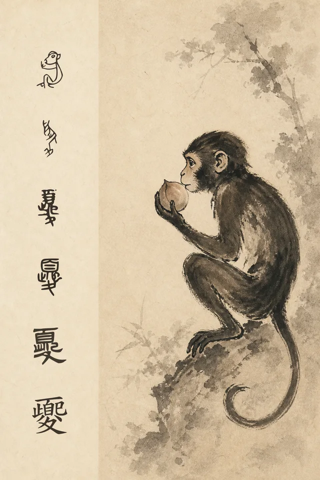 Poster of the ancient character 夒: an ink-wash monkey holding a peach on warm paper, with a left-hand column of six historical and modern forms of 夒.